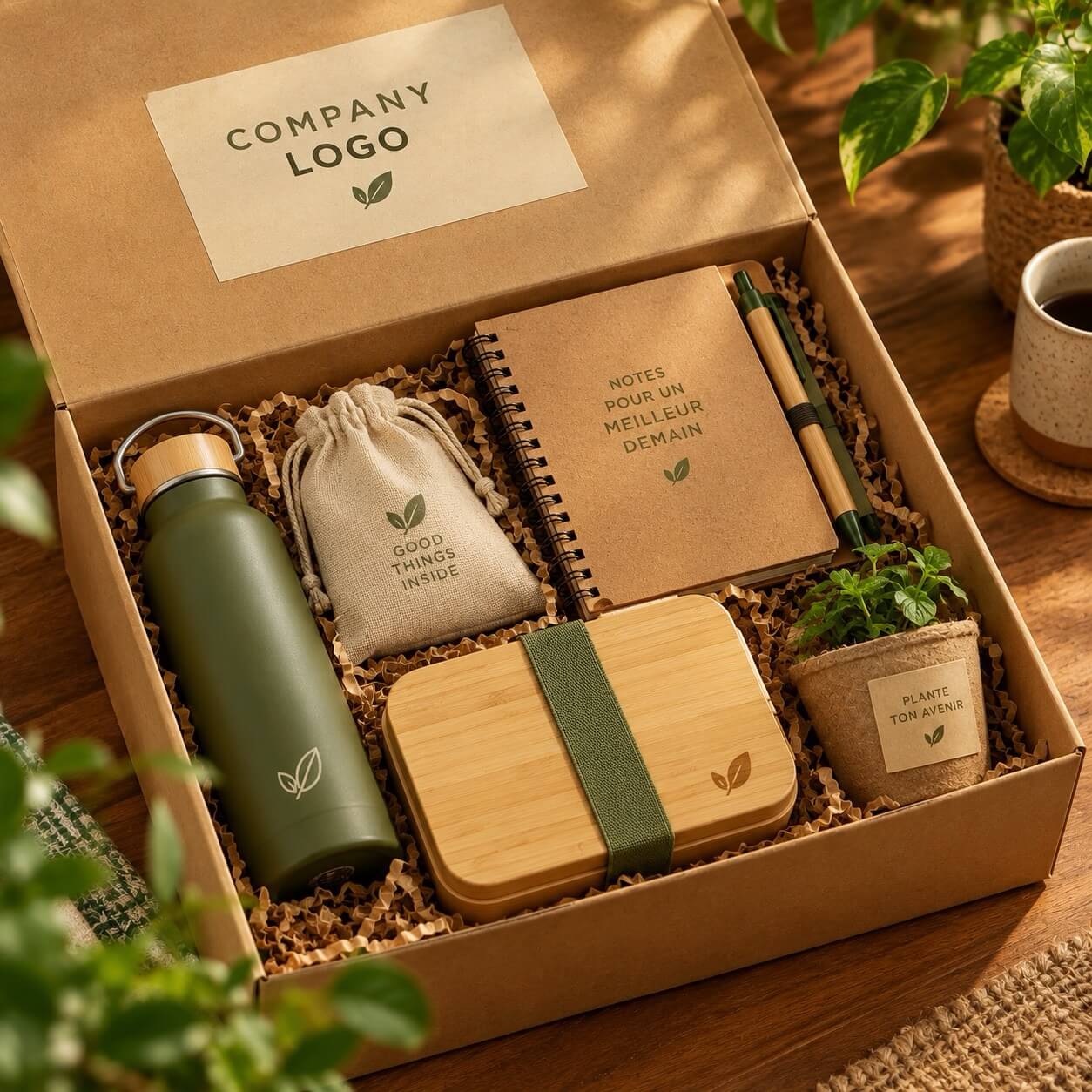 Box welcome pack écoresponsable en carton kraft recyclé avec étiquette personnalisée au nom du collaborateur